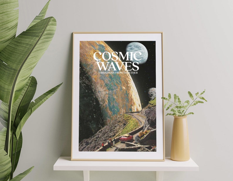 May include: A framed poster with a collage of space imagery, including planets, stars, and a red car driving on a road. The poster has the text "COSMIC WAVES" and "VIBRATIONS FROM THE ETHER" in white letters.