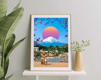 St Aubin Peak Art Print, Jersey Trippy Collage Art, Retro, Cosmic Art, Vintage Art, Space Art, St Aubins Jersey Harbour Art Print
