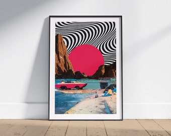 Cafe At The Castle Print, Jersey Trippy Collage Art, Retro, Cosmic Art, Vintage Art, Space Art, Elizabeth Castle Art Print