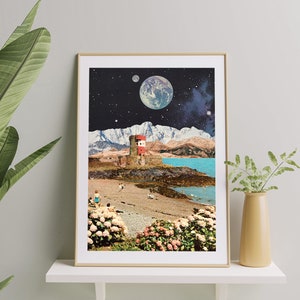 May include: A surrealist collage featuring a red and white building on a rocky shore with a blue body of water. The sky is dark with stars and a large, blue planet is visible in the distance.