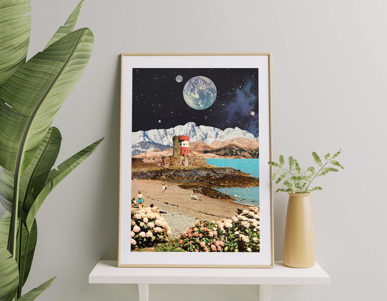 May include: A surrealist collage featuring a red and white building on a rocky shore with a blue body of water. The sky is dark with stars and a large, blue planet is visible in the distance.