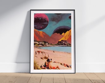 Gorey Peaks Art Print, Jersey Trippy Collage Art, Retro, Cosmic Art, Vintage Art, Space Art, Mont Orgueil Castle Art Print
