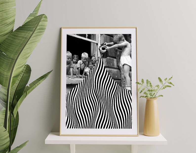 May include: Black and white photo of children looking out a window. A boy pours water from a watering can onto a black and white striped pattern.