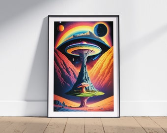 Cosmic Mushroom Art Print, Retro Futurism Art, Cosmic Artwork, Vintage Space Art, Sci-Fi Poster, Surreal Art, Wall Art Decor
