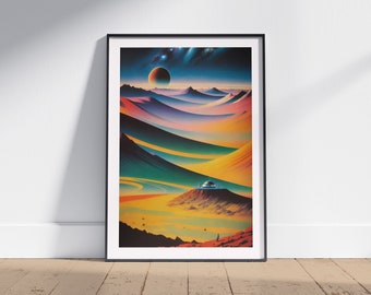 Cosmic Mountains Art Print, Retro Futurism Art, Cosmic Artwork, Vintage Space Art, Sci-Fi Poster, Surreal Art, Wall Art Decor