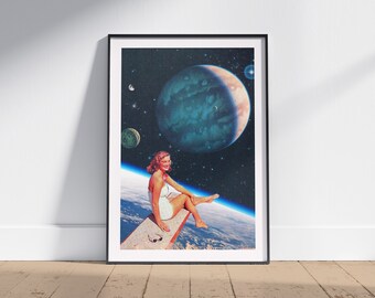 Starbathing Retro Print, Analogue Collage Art, Retrofuture Wall Art, Cosmic Art, Pin Up Girl, Swimming Pool, Vintage Space Art Print