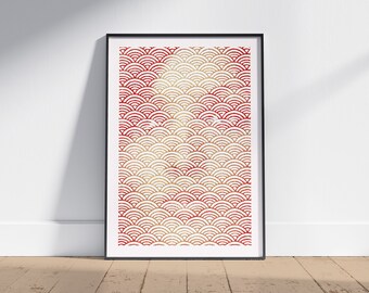 Seigaiha Retro Print, Trippy Wall Art, Japanese Wave Pattern, Optical Illusion, Woman Portrait Art, Vintage Art, Art Print