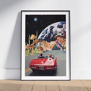 Joyride Retro Print, Vintage Collage Art, Trippy Mushroom, Cosmic Art, Space Art, Vintage Car Art Print
