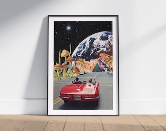 Joyride Retro Print, Vintage Collage Art, Trippy Mushroom, Cosmic Art, Space Art, Vintage Car Art Print
