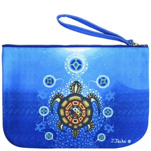 May include: Blue canvas zippered pouch featuring a colourful turtle design. The turtle is surrounded by smaller turtles and a blue and white background. The text "J. Jacko ©" is in the bottom right corner.