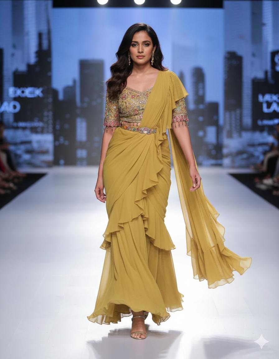 Titliyan Senfgelb Rüschen Saree Plissee pre drapiert Saree mit genähter Bluse Saree Gürtel mit Bluse Haldi Outfit Saree Kleid bereit