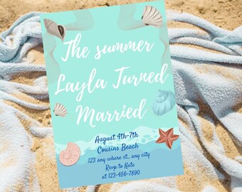 Editable Beach Bachelorette Invitation • The Summer She Turned Married • Printable Canva Weekend Template, TSITP