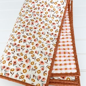 Whole Cloth Modern Baby Girl Quilt, Pink, Gold and Rust, Gingham, Floral, Heirloom Quality, Ready to Ship