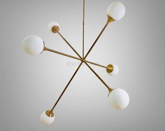 Modern Cassia Chandelier – Handmade Six Light Brass Ceiling Pendant | Mid Century Inspired Hanging Light Fixture