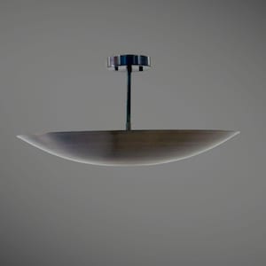 May include: A modern ceiling light fixture with a wide, shallow, silver-colored bowl-shaped shade and a black metal rod.