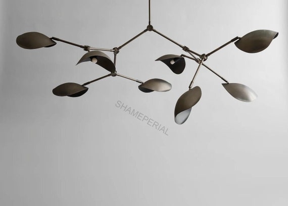Mid Century Brass Sputnik Chandelier: 8-Arm Curved Disk Shade