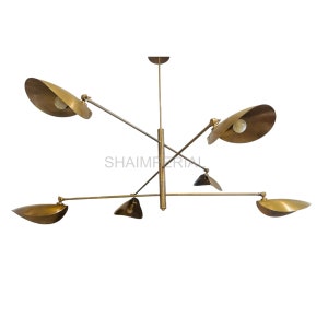 1950s Italian Mid Century Modern Six Arms Raw Brass Large Pendant Flush Mount Ceiling Light Fixture .
