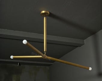 Mid-Century Modern three-light chandelier-Raw Brass Finish Metal Chandelier Light Fixture.