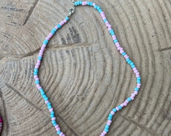 Light pink and blue seed beaded necklace.