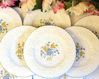 Juego de 4 platos de ensalada Spode Jeanine vintage - Platos florales de porcelana fina en azul y amarillo - Vajilla estilo casa de campo inglesa