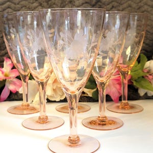 May include: A set of five pink glass goblets featuring a delicate etched floral pattern on the bowl. Each goblet has a slender stem and a circular base, crafted from translucent pink glass with a smooth finish and clear etched flower details.