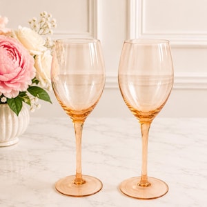 Pink Long Stem Crystal Wine Glasses - Vintage Hand Blown, Set of 2