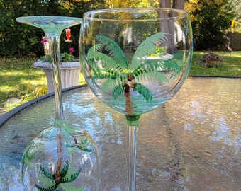 Tropical Palm Tree Themed - Block "Palm Breeze" Vintage Hand Blown Crystal And Hand Painted Tropical Themed 16 Ounce Water Goblet Set Of 2