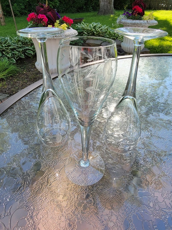GIANT Princess House Long Stemmed Crystal Glass Champagne Wine W/Floral  Etchings