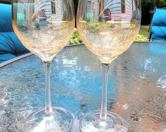 Pier 1 "Amber Crackle" gouden glans iriserend craquelé glas 12 Ounce wijnglazen - set van 2