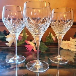 Elegant Crystal Red Wine Glasses Royal Doulton &quot;Ascot Gold&quot; Vintage Hand Blown Crystal Wine Glasses With Etching & Gold Trim Set Of 3