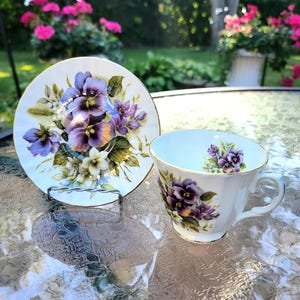 Vintage English Fine Bone China Tea Cup & Saucer Set By Duchess Purple Pansies - Mother&#39;s Day, Wedding, Birthday, Gift Ideas - Collectibles
