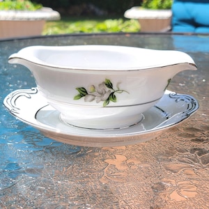 China Gravy Boat White Rose Vintage Japanese Fina China &quot;White Rose Platinum&quot;  Gravy Boat With Attached Under Plate - Fine China Giftware