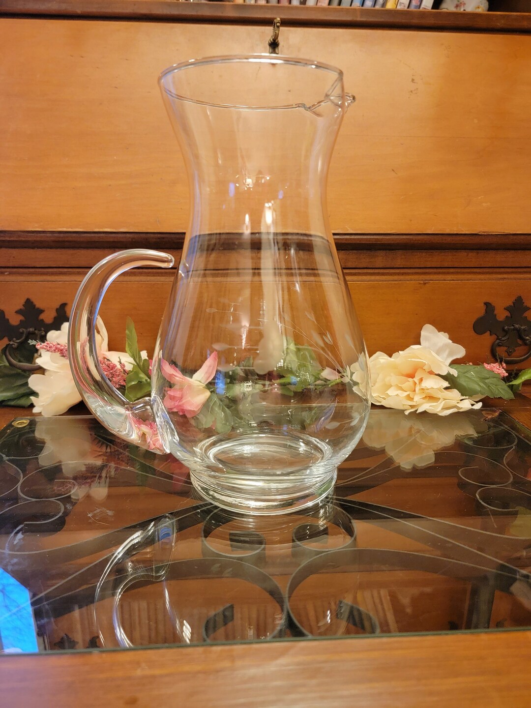 Glass Pitcher Princess House heritage Vintage Hand Blown Crystal Glass