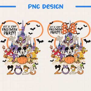 Op de afbeelding: Een kleurrijk Halloween-thema ontwerp met Mickey Mouse, Minnie Mouse en andere Disney-personages. Het ontwerp bevat de tekst "NOT SO SCARY HALLOWEEN PARTY!" en het jaar "2025". Vleermuizen en een pompoen zijn ook inbegrepen.