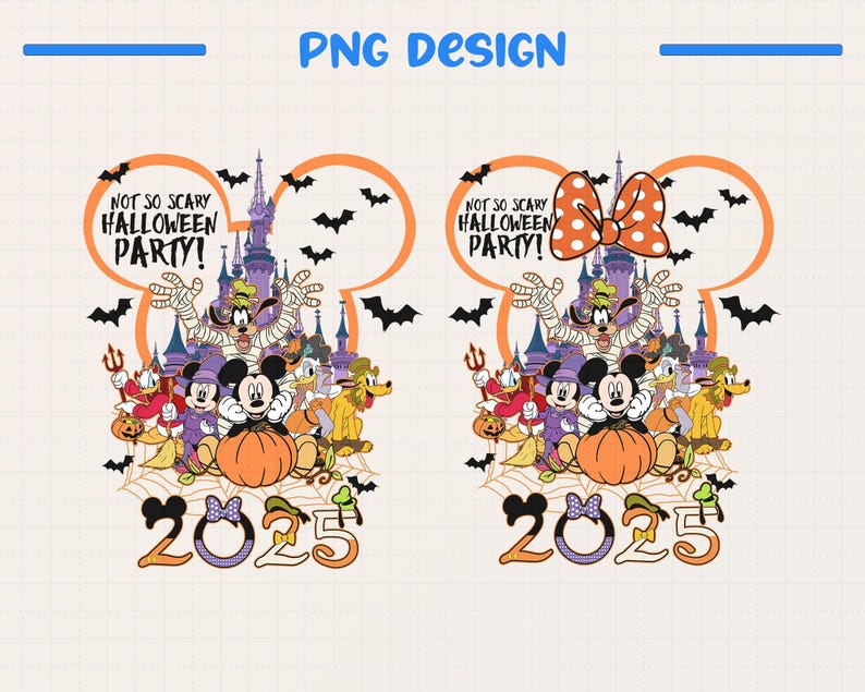 Op de afbeelding: Een kleurrijk Halloween-thema ontwerp met Mickey Mouse, Minnie Mouse en andere Disney-personages. Het ontwerp bevat de tekst "NOT SO SCARY HALLOWEEN PARTY!" en het jaar "2025". Vleermuizen en een pompoen zijn ook inbegrepen.