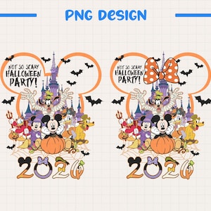 以下が含まれることがあります： 漫画のキャラクター、城、コウモリ、カボチャが登場するハロウィーンシーンの2つのバリエーションを特徴とするデジタルグラフィックデザイン。テキストには「Not So Scary Halloween Party」および「2020」と書かれています。片方のバージョンには水玉模様のリボンが含まれています。
