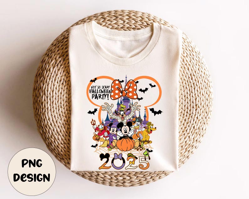 Op de afbeelding: Cr&egrave;mekleurig T-shirt met een Halloween-ontwerp met Disney-personages. Het ontwerp bevat Mickey en Minnie Mouse, Donald Duck, Goofy en Pluto, samen met een pompoen en vleermuizen. De tekst luidt "Not So Scary Halloween Party!" en "2023".