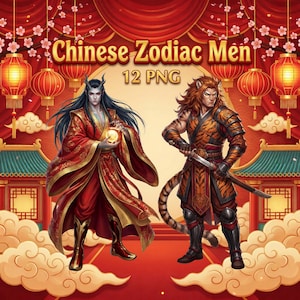 May include: Digital illustration featuring two figures from the Chinese Zodiac. One figure is dressed in red and gold robes, holding a glowing orb. The other is in tiger-striped armor, holding a sword. The image includes the text "Chinese Zodiac Men 12 PNG".