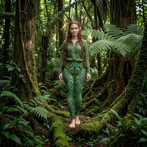 Può includere: Una maglia a maniche lunghe verde oliva con scollo allacciato e leggings aderenti caratterizzati da un dettagliato motivo botanico a foglie verdi. I leggings presentano un design simmetrico di fogliame vorticoso in varie tonalità di verde.
