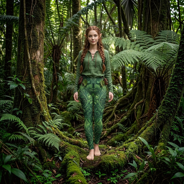 Forest Elf Yoga Leggings | Magical Green Leaves | High-Waisted Activewear