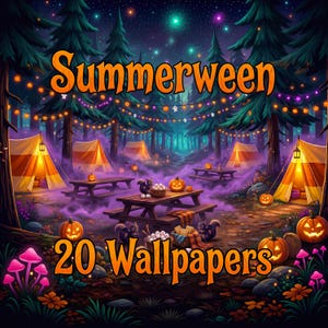 May include: A digital illustration of a forest campsite at night with orange tents, picnic tables, jack-o'-lanterns, and string lights. The text Summerween 20 Wallpapers is displayed in orange font against a backdrop of pine trees and purple fog.