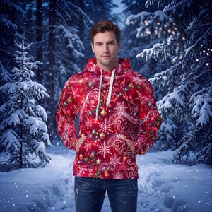 Röd julhuvtröja | Snöflingeprydnads-jultröja | Festlig huvtröja med heltäckande tryck