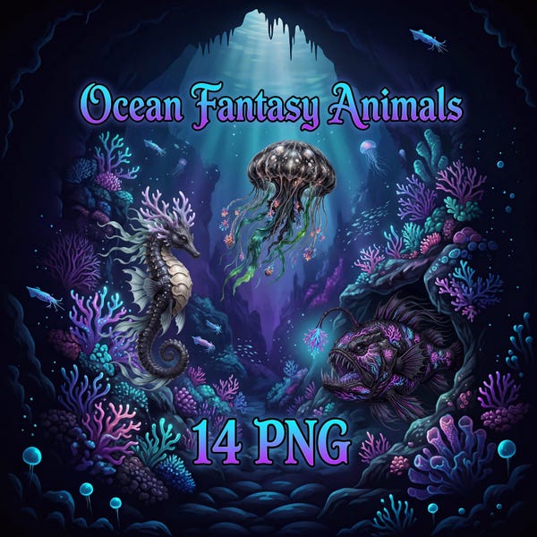 Ocean Fantasy Animals PNG Bundle | 14 Dark Sea Creatures Clipart | Transparent Background, Digital Download