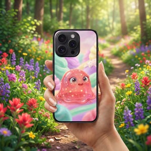 Pode incluir: Uma capa de smartphone com uma criatura gelatinosa rosa brilhante com olhos grandes e um pequeno sorriso, rodeada por redemoinhos de cores pastel e pequenas formas de coração. O design tem um fundo suave, onírico e multicolorido.