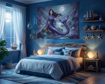 Moonlit Mermaid Tapestry – Dark Ocean Siren Wall Art, Gothic Mermaidcore Decor