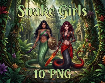 Snake Girls PNG Bundle | 10 Serpent Maiden Clipart | Fantasy Monster Girl | Transparent Background