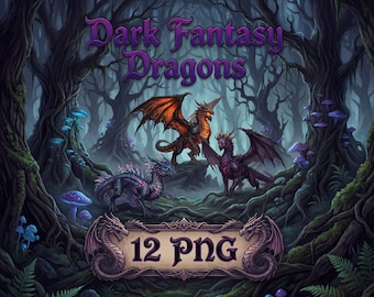 12 Dark Fantasy Dragons PNG Bundle | Gothic / Halloween Cliparts | High-Res Transparent Background | Commercial Use