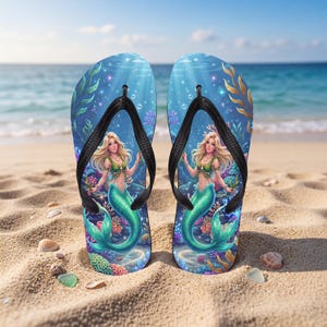 May include: A pair of flip-flops featuring a vibrant underwater scene with a blonde mermaid, green seaweed, and colourful coral reefs. The footwear has black rubber straps and a blue background with sparkling light effects throughout the design.