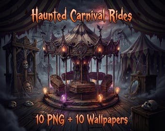 Haunted Carnival Rides 10 PNG Bundle + 10 Wallpapers | Spooky Funfair Attractions Clipart | Transparent Background