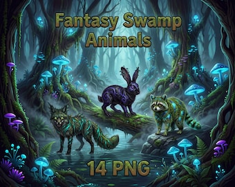 14 Fantasy Swamp Animals PNG Bundle | Dark Magical Creature Clipart | Moss Animals, Instant Download